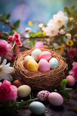 Fototapeta na wymiar Cozy Easter card template. Flowers and eggs. Happy Easter backdrop. Spring celebrations background.
