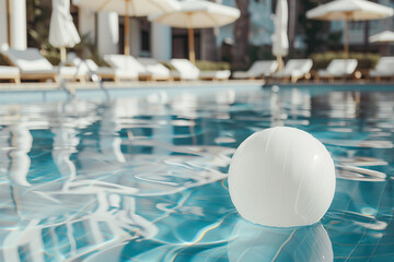A white beach ball floating in the pool of an elegant hotel with sun loungers and umbrellas on the side - Powered by Adobe