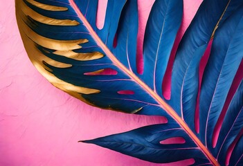 striking blue tropical leaf against a rough pink and gold textured backdrop, creating a vivid contras-- - obrazy, fototapety, plakaty