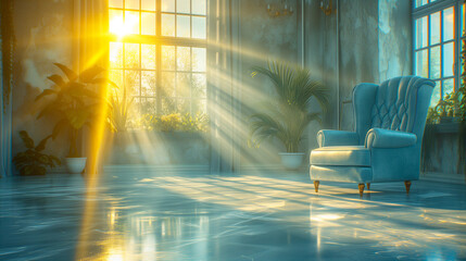 Sunlight streaming through a window onto a polished floor in a bright, airy room with a plush armchair - obrazy, fototapety, plakaty