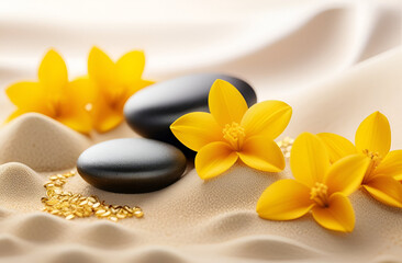 Fototapeta na wymiar Yellow flowers and stones on a background of sand. Cosmetic banner for spa, printed products, cosmetics stores. Skincare and spa procedure concept.