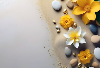 Obraz na płótnie Canvas White flowers and stones on a background of sand. Cosmetic banner for spa, printed products, cosmetics stores. Skincare and spa procedure concept.