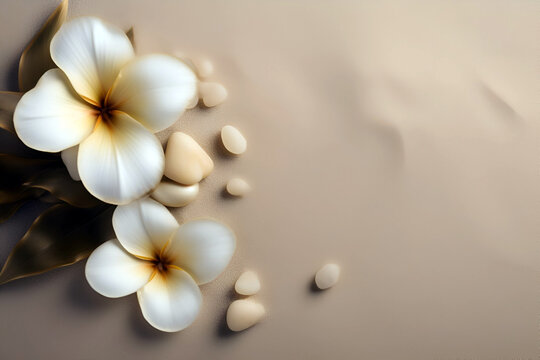 White flowers and stones on a background of  sand. Cosmetic banner for spa, printed products, cosmetics stores. Skincare and spa procedure concept.