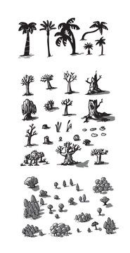 Fantasy map elements illustration, drawing, engraving, ink, line art, vector