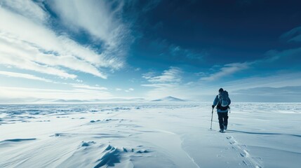Fototapeta na wymiar Man walking through snow covered field