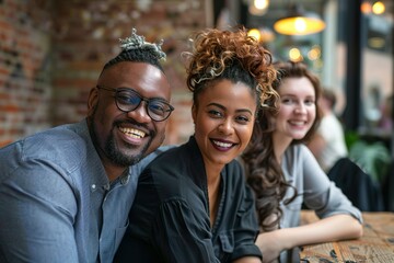 Dynamic Collaborative Session, Three smiling diverse business colleagues having casual sit down business strategy meeting. Diverse Business Colleagues Strategize with Smiles