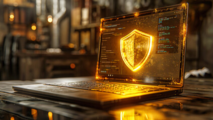 Digital security concept on a laptop, showcasing protection against cyber threats in a technology setting