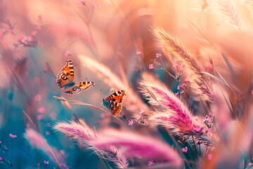 Wild pink flowering fluffy grass in field and two fluttering butterfly on nature outdoors, macro. Magic artistic image. Selective soft focus.