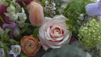 Obraz na płótnie Canvas Romantic Spring Wedding Bouquet Closeup Top Down View. Flowers from the garden. 