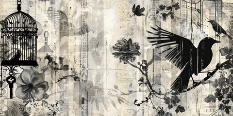 Vintage Grunge Collage. Black and White Composition Featuring Birds, Keys, Cages, and Floral Accents