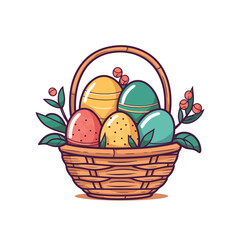 easter basket with eggs and flowers