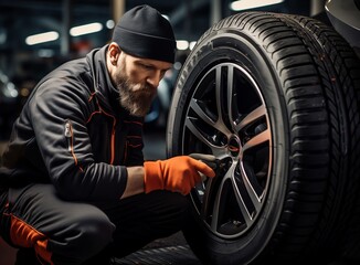 A motivated auto-mechanic in working uniform rolling tire and preparing to change it. - obrazy, fototapety, plakaty