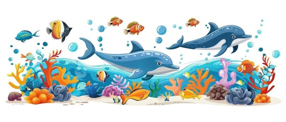 Vibrant Marine Life. Healthy Coral Reefs, Dolphins, and Tropical Fish in Crystal Clear Waters under the Warm Sunlight. Illustrated in a Children Book Style.
