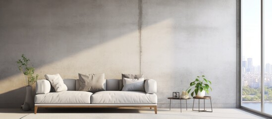 A living room with hardwood flooring, a couch, and a large window offering a view outside. The room is furnished with a plant and has a high ceiling