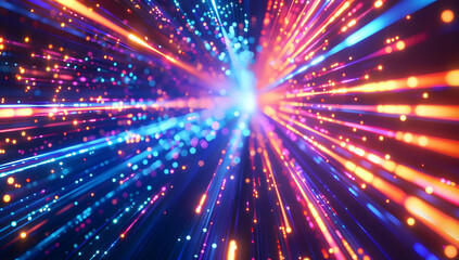 Abstract neon light background with vibrant pink, yellow, and blue neon lines, creating an intense and dynamic atmosphere reminiscent of particle acceleration. High-speed movement and hyperspace.