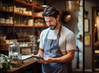 Cheerful male barista using tablet computer in cafe - Powered by Adobe
