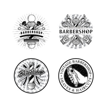 Set of vintage labels illustration for barbershop. Vector badge logo design concept. Black color on white background