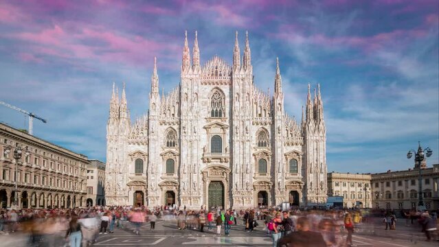 Milan Cathedral Hyperlapse Time lapse. People walking on Square Piazza Duomo di Milano and Gallery Vittorio Emanuele II, during the fashion week timelapse city in 4K.