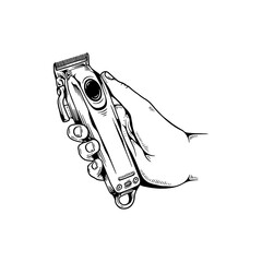 Illustration of holding a hair shaving machine. Vector logo design concept. Black color on white background