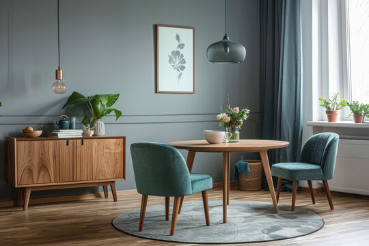 Modern dining room with a round wooden table, a mint green sofa and a cabinet against a forest landscape outside the window. Scandinavian home interior design of a modern living space