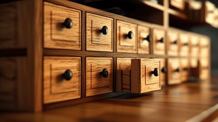 Close up of wooden chest of drawers. - obrazy, fototapety, plakaty