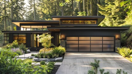 Fototapeta premium a new garage door adorning a modern home, surrounded by stunning landscaping and bathed in natural lighting, with hyperdetailed features and depth of field.