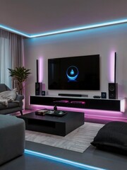 Futuristic living room setup with a smart home entertainment system, sleek tech gadgets, and ambient LED lighting for a modern, high-tech atmosphere