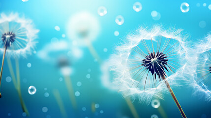 Dandelion seeds in droplets of water on blue and turqu