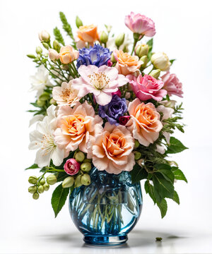 Beautiful lush bouquet with roses on a white background