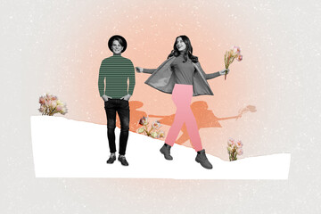 Full length body size collage of nice cheerful couple holiday bouquet flowers snow spring blooming...