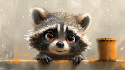 a close up of a raccoon on a wall with a cup in the foreground and a painting of a raccoon in the background.