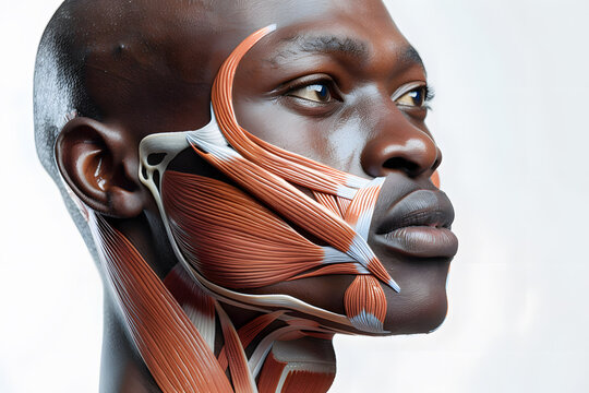 Side view African man closeup face. Human anatomy, skin and muscles