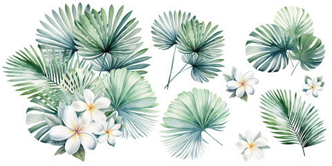 Watercolor tropical bouquet with white flowers and green palm leaves isolated illustration - obrazy, fototapety, plakaty
