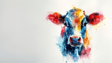 a watercolor painting of a cow's head with red, yellow, and blue paint splatches.