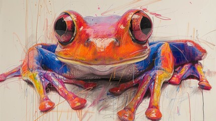 a close up of a colorful frog on a white surface with paint splattered on it's body.
