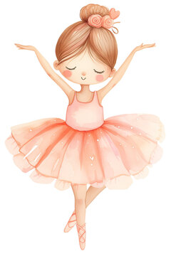 Fototapeta Beautiful baby doll dancing ballerina in light pink tutu skirt, delicate watercolor illustration. Nursery poster design, isolated character element.