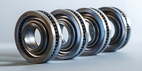 Detailed View of Three Roller Bearings on a Clean White Surface. Concept Engineering, Roller Bearings, Detailed View, Mechanical Components, White Background - obrazy, fototapety, plakaty
