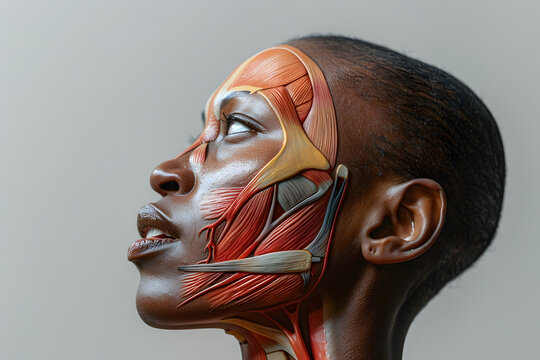 Side view African woman closeup face. Human anatomy, skin and muscles