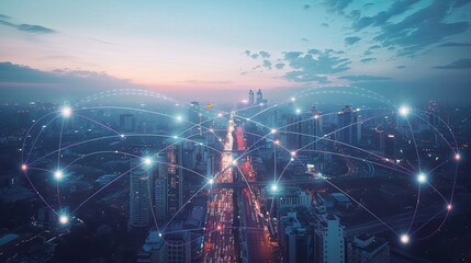 The concept of a modern city with wireless network connection emphasizes the integration of advanced technology to provide seamless connectivity throughout urban areas.