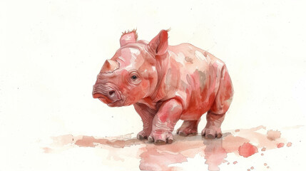 a watercolor painting of a baby rhinoceros standing on a white surface with a red spot around its neck.