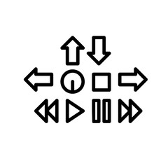 Media Player Icons Set. Play, pause, fast and low forward, stop and power button, and arrow.