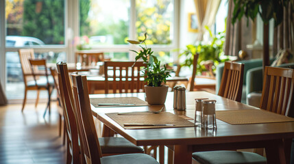 Cozy Cafe Interior with Wooden Tables and Green Plants by the Window