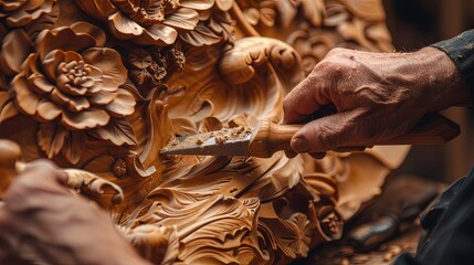 Sculptor working in workshop with wood making artistic sculpture from plank with chisel. - obrazy, fototapety, plakaty