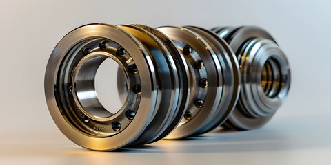 Closeup of three roller bearings on clear background. Concept Product Photography, Industrial Components, Close-up Shot, High Quality Images, Clear Background - obrazy, fototapety, plakaty