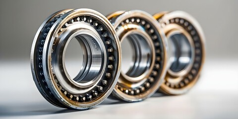 Three roller bearings in close-up on a clear white surface. Concept Industrial Components, Close-up Photography, Mechanical Parts, Product Showcase, Precision Engineering - obrazy, fototapety, plakaty