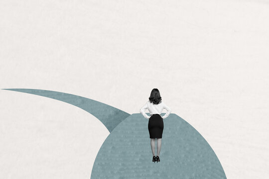 Creative collage picture young standing businesswoman formalwear office worker long far way road destination target goal white background