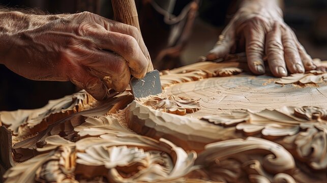 Closeup of sculptor hand holding chisel carving in wood.