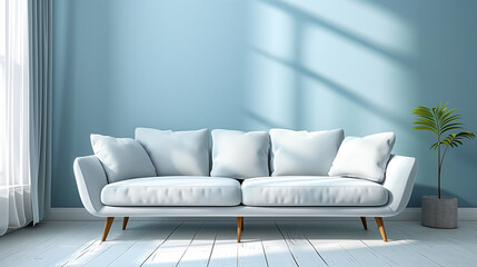 Sofa against a blue wall near a large window, living room interior design in Scandinavian style