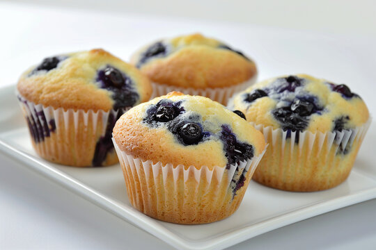 Freshly baked blueberry muffins on a plate on a bright table.