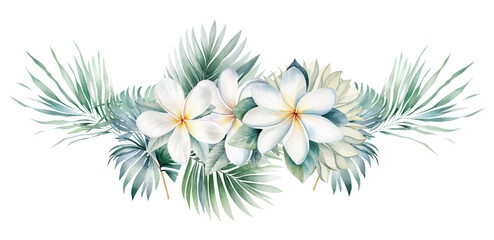 Fototapeta na wymiar Watercolor tropical bouquet with white flowers and green palm leaves isolated illustration